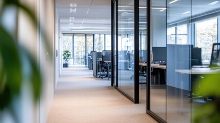 Modern office hallway with glass partitions separating workstations and natural light streaming through large windows. : Generative AI