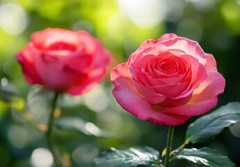 Beautiful Pink Roses Blooming in Garden with Soft Focus Background and Natural Light Enhancing Their Delicate Petals and Vibrant Colors