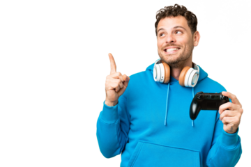 Brazilian man playing with a video game controller over isolated chroma key background intending to realizes the solution while lifting a finger up