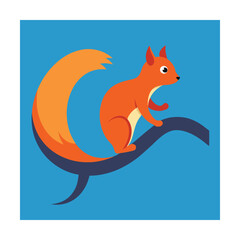 Obraz premium Orange squirrel sitting on a branch against a blue background in simple vector style