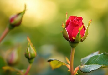 Obraz premium Beautiful Red Rose Bud Surrounded by Green Foliage in a Soft Focus Background, Symbolizing Love and Romance in Nature's Garden Scene