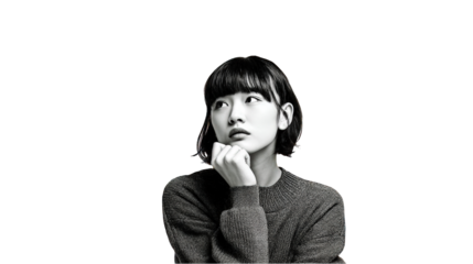 Thoughtful young woman portrait black and white studio photography image girl face eyes hair mood dark on transparent background