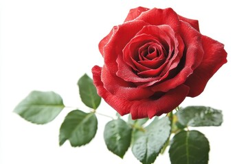 Fototapeta premium Beautiful red rose with delicate petals and vibrant color against soft white background, symbolizing love, beauty, and passion in nature's elegance
