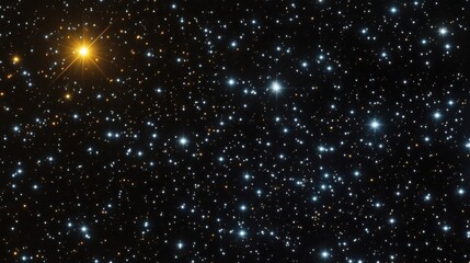 Obraz premium A vibrant cosmic scene showcasing numerous stars, with a prominent, bright, golden star dominating the left side, contrasting against a backdrop of smaller, twinkling stars in shades o : Generative AI