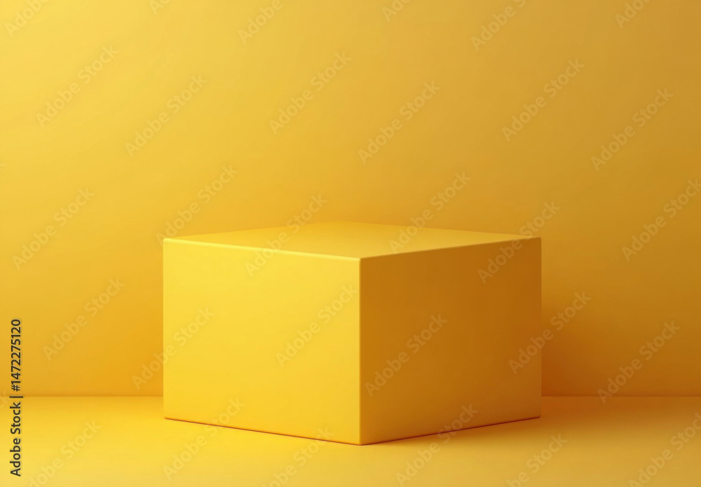 Poster a single, bright yellow cube sits on a matching yellow surface against a similarly hued background, 