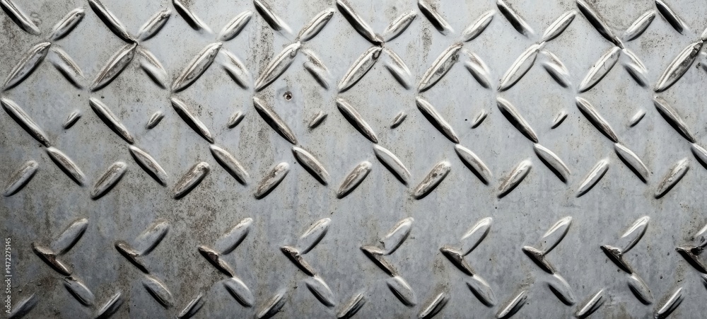 Poster closeup view of a weathered, diamond-plate steel surface, showing texture and subtle discoloration f