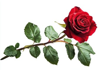 Beautiful single red rose with lush green leaves on a white background, symbolizing love and romance, perfect for various creative and decorative purposes