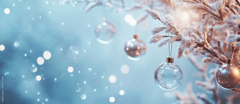 Poster elegant glass ornaments hang from a snow-covered branch, creating a serene winter wonderland scene w