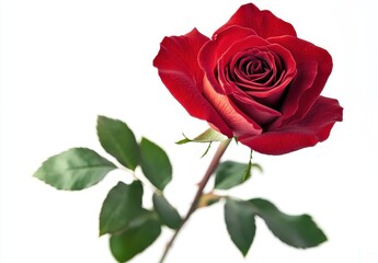 Fototapeta premium Beautiful single red rose with vibrant petals and fresh green leaves isolated on white background, symbolizing love and romance in nature