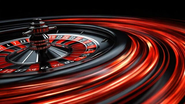Casino roulette wheel spinning rapidly, vibrant red streaks, dark background, numbers and compartments clearly visible