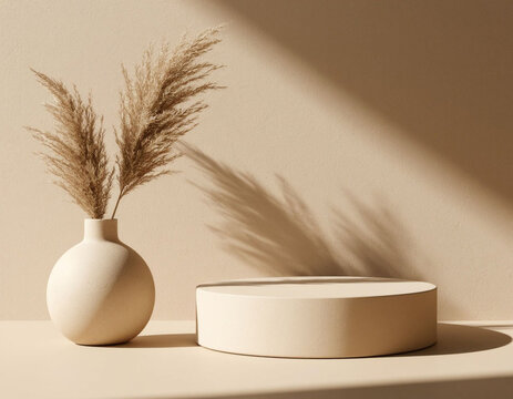 Minimalistic beige background for product presentation. Generated by AI.