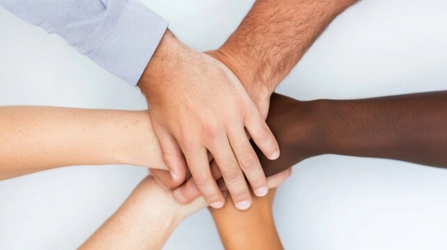 Four diverse hands stacked together, symbolizing unity, teamwork, and collaboration in a powerful display of human connection and shared purpose. : Generative AI