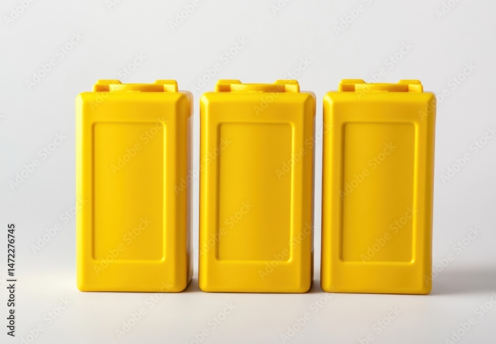 Poster three bright yellow plastic containers stand in a row against a white background, showcasing their s