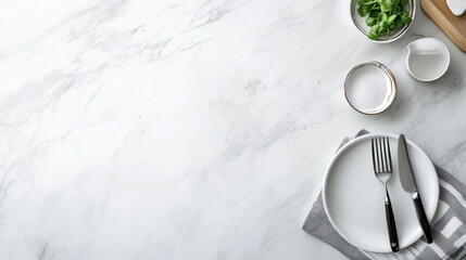 Overhead view of a minimalist table setting on a marble surface, featuring a white plate, black cutlery, salt, and fresh basil. : Generative AI