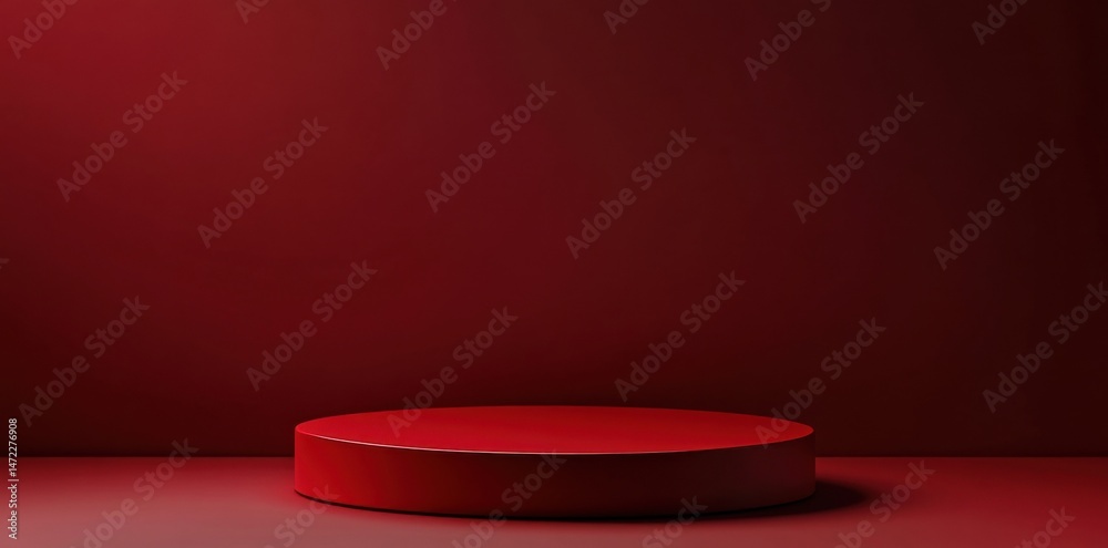 Poster A single, crimson-red cylindrical platform rests on a matching burgundy floor against a deep red wall, creating a minimalist, elegant display. : Generative AI