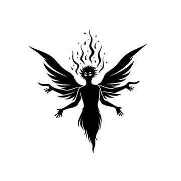 Ethereal being silhouette with wings and flames emanating from the head