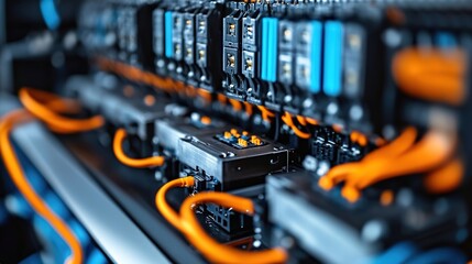 Naklejka premium Close-up of black server racks with blue and orange cables.