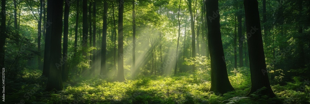 Leinwandbilder sunbeams illuminate a lush green forest, dappling the ferns and moss on the forest floor, creating a