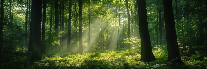 Obraz premium Sunbeams illuminate a lush green forest, dappling the ferns and moss on the forest floor, creating a mystical and serene atmosphere. : Generative AI