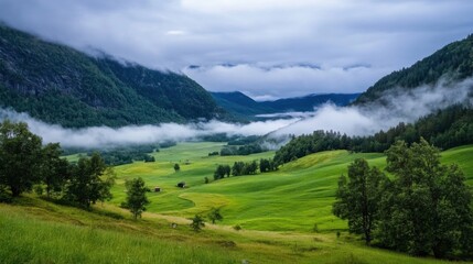 Obraz premium Serene valley landscape with mist-covered mountains and lush green fields, showcasing a tranquil rural scene. : Generative AI