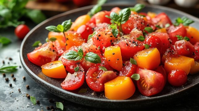 A vibrant salad featuring a mix of cherry and heirloom tomatoes garnished with fresh herbs. The dish is served on a textured plate in a rustic kitchen, showcasing its colorful ingredients