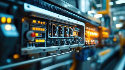 Naklejka premium Close-up of industrial electrical equipment with glowing lights on a production line.