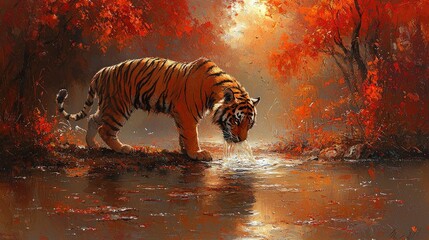 Fototapeta premium Majestic Tiger by Autumn Creek: A breathtaking wildlife painting capturing the serene beauty of nature and the majestic presence of a tiger drinking from a tranquil creek 
