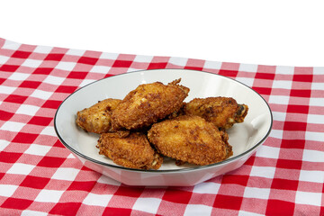 fried chickens in white plate on tablecloth red white scotch pattern on transparent background
