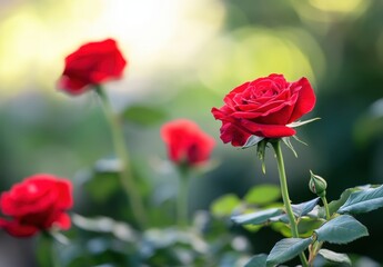 Obraz premium Close-up View of Beautiful Red Roses in Bloom Against a Soft Green Background with Bokeh Effect, Perfect for Celebrating Love and Nature's Beauty
