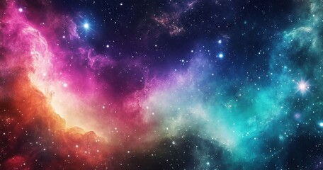 Naklejka premium A vibrant nebula swirls with cosmic dust and gas, showcasing a breathtaking display of pink, orange, teal, and purple hues against a backdrop of countless stars. : Generative AI