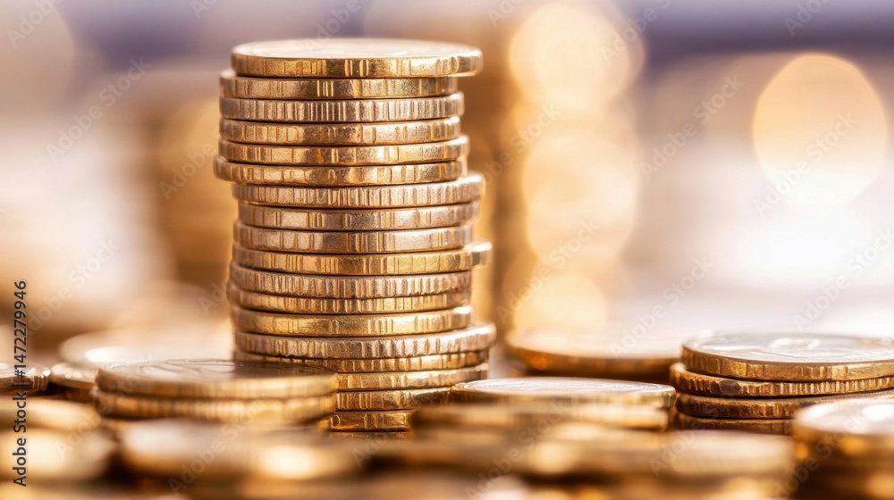 Poster a tall stack of gold coins stands prominently against a softly blurred background of bokeh lights, s