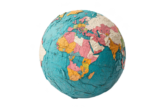 A globe featuring detailed geographical regions and colors. Png, Transparent background.