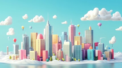 Colorful cityscape on a fluffy island with hot air balloons and puffy clouds.