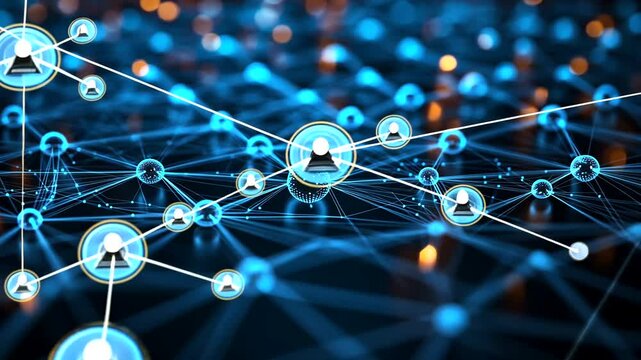 Glowing nodes with person icons interlinked in a blue digital web, representing online community and data exchange