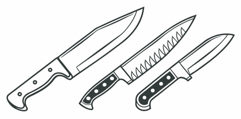 Line art illustration of three kitchen knives in different sizes and styles