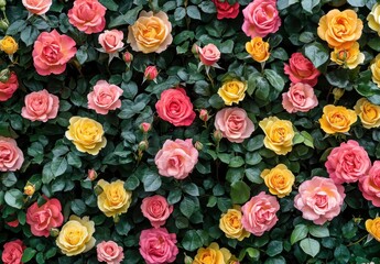 Fototapeta premium Colorful Floral Wall of Roses with Pink, Yellow, and Orange Blooms Surrounded by Lush Green Leaves for Vibrant Nature Aesthetic in Garden Settings