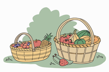 Baskets overflowing with fresh harvested fruits and vegetables vector illustration