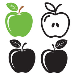 Apple Icon Set Red Black White Outline Graphic Design Element, Apple Icons Set Outline Black Red Green Variations, Black Apple Silhouettes