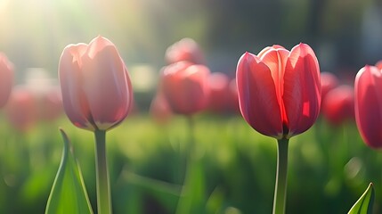 Pink and Red Tulips in Sunlight Spring Flowers