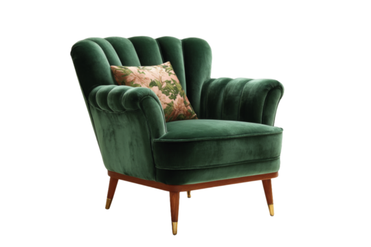 [Transparent Background PNG]Modern Retro Green Velvet Armchair