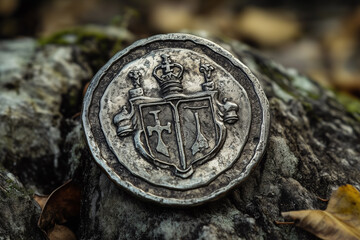 Close Up Image Of A Silver Medallion With Crest On A Stone