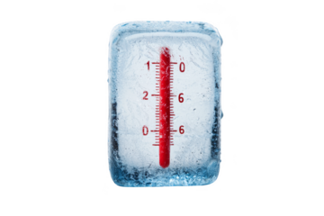 A thermometer encased in ice, displaying temperature readings with a red indicator. Png, Transparent background.
