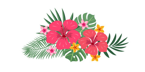 Tropical plant leaves llustration set. Modern botanical illustration of monstera, palm leaf, banana leaf hibiscus. Vector leaves with playful vibrant colors.