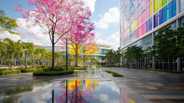 A vibrant event program template featuring a neatly organized schedule and high-profile speakers, set against a backdrop of a corporate event setting. The design incorporates bold colors and modern - Powered by Adobe