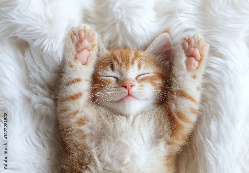Poster adorable ginger kitten sleeps soundly on a fluffy white blanket, paws raised in a peaceful pose. the