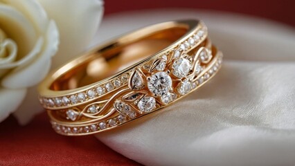 Elegant gold diamond rings with white flowers. A symbol of love, luxury, and eternity.