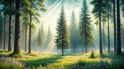 Obraz premium Sunbeams Illuminate a Mystical Forest Glade with Lush Greenery and Delicate Wildflowers