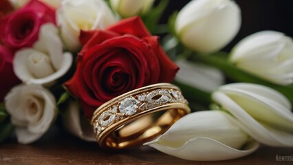 Elegant gold diamond rings with white flowers. A symbol of love, luxury, and eternity.