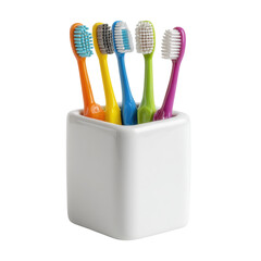Colorful Toothbrushes in a Modern Holder on a white background.