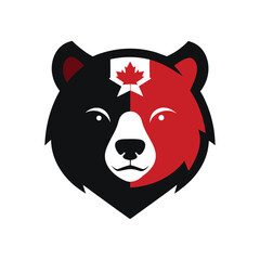 Canadian bear logo with maple leaf embellishment in red and black colors on white background